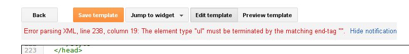 Blogger template editor showing an error message